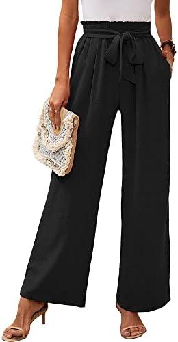 Heymoments Women's Wide Leg Lounge Pants with Pockets Lightweight High Waisted Adjustable Tie Knot Loose Trousers, Medium