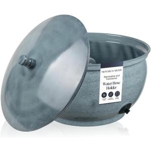 Monarch Abode Garden Hose Holder with Lid – Decorative Water Hose Holders for Outside, Smooth Metal Patina Pot with Drainage, 100ft Waterhose Holder for Outside, Garden Storage Caddy