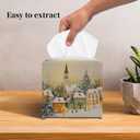 Grace Yonks Christmas Tissue Box Cover Square, Church and Village Lights Design Cube Case for Facial Tissues, 5.2" PU Leather. (090)