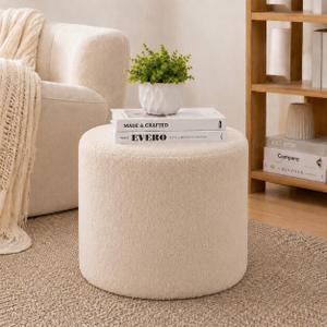 Round Ottoman Foot Stool, Boucle Small Pouf for Couch, Foam Filled Modern Foot Rest with Lightweight - Applicable to Living Room & Dorm & Outdoor, Beige