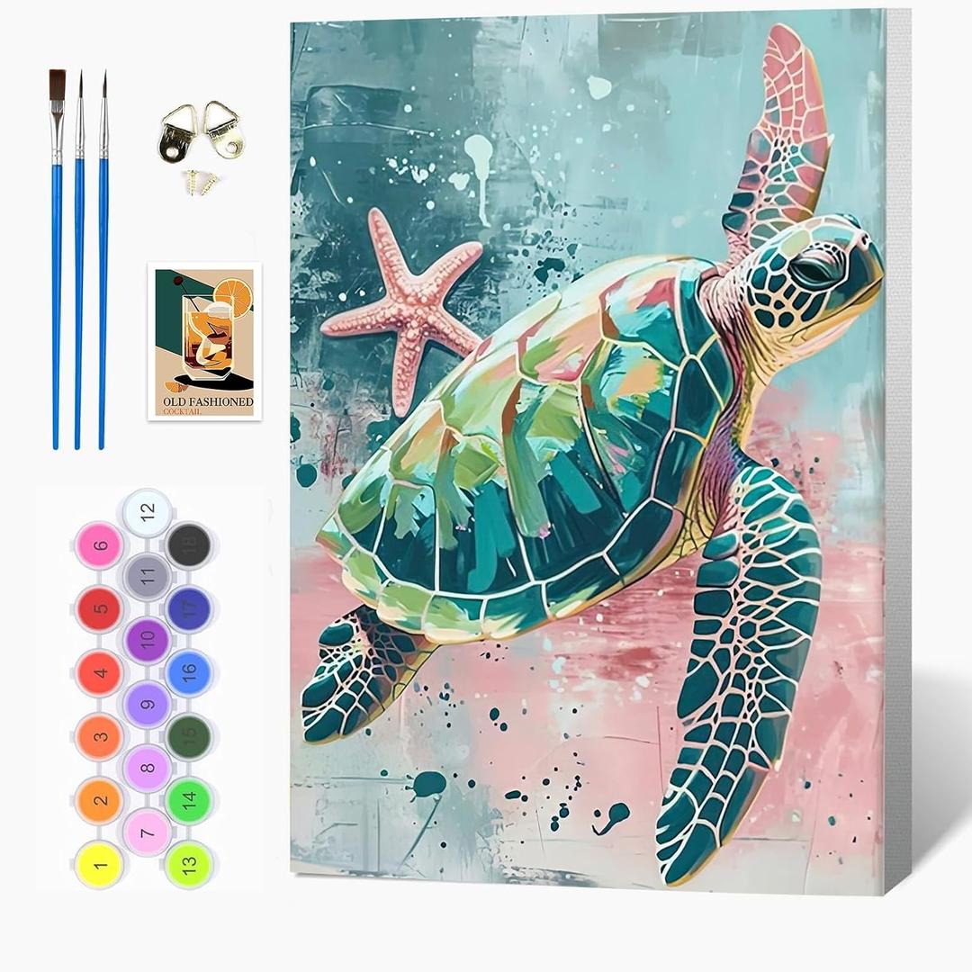 Auremi Turtle Paint by Number Kits with Framed, DIY Animals Paint by Number Canvas for Adults, Easy Acrylic in Canvas with Brushes for Decor 20x30cm