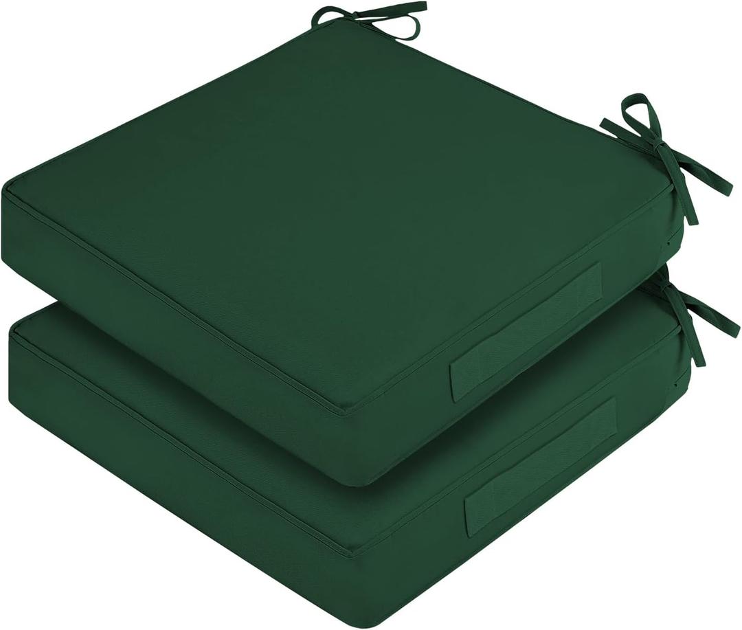 Waterproof Outdoor Chair Cushions Set of 2, Square Outdoor Seat Cushions with Ties and Removable Covers, 19 x 19 Outdoor Cushions for Patio Furniture with Portable Handle(Forest Green), 19x19x3