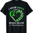 I Wear Green For Mental Health Awareness Butterfly Heart T-Shirt (XL, Black)