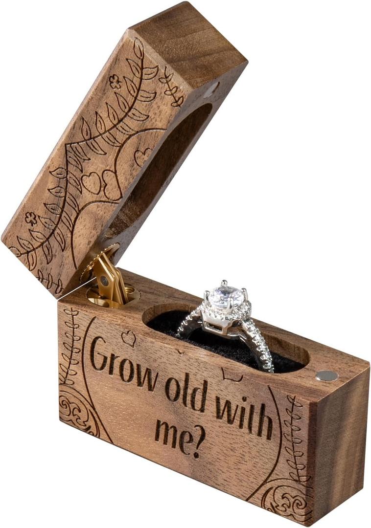 Wooden Engagement Ring Box Small Slim Flat Ring Case for Proposal,Wedding (Grow old with me)