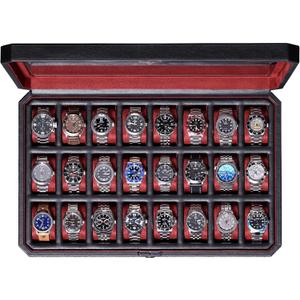ROTHWELL 24 Slot Watch Case with Lock  Luxury Watch Box to Display and Organize Your Collection | Real Glass Top | Premium Storage for Collectors (Black/Red)