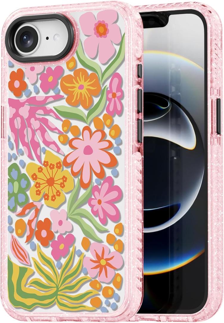 for iPhone 16E Case Cute - Durable Shockproof 6.6 ft Drop Impact Phone Case - Funny Passion Flower Design (6.1") Glitter Pink