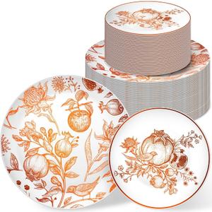Fall Thanksgiving Disposable Plastic Plates Set for Guests Wildflower Pomegranate Chinoiserie Embossed Vintage Dessert Tableware for Autumn Wedding Party Dinnerware Supplies(50 Pcs)