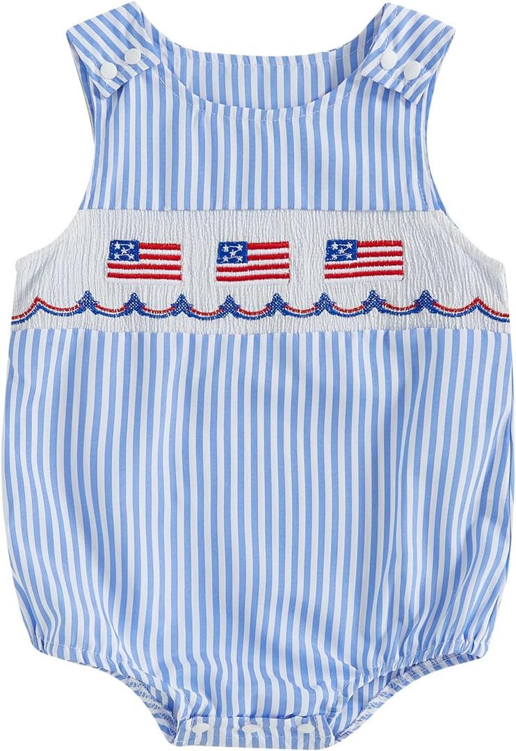 Adobabirl Baby 4th of July Outfit Boy Girl American Flag Bubble Romper Smocked Overalls Newborn Fourth of July Clothes (Blue, 0-3 Months)