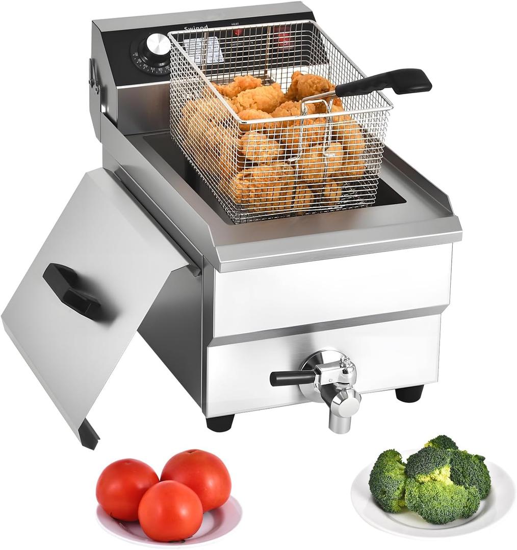 Commercial Deep Fryer with Basket, 1700w 16Qt 0.8mm Upgraded Stainless Steel Countertop Electric Fryer for Home and Commercial Use, Oil Fryer with Oil Valve and Drainage System