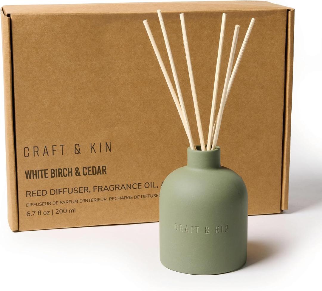 Craft & Kin Reed Diffuser for Home & Bathroom White Birch & Cedar Holiday Reed Diffuser Set with Fragrance Sticks, Long-Lasting Alcohol-Free Winter Scent, Earthenware Collection, 6.7oz