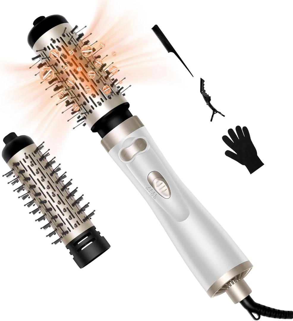 Hair Dryer Brush, 3-in-1 Rotating Round Hot Air Spin Brush Set with 2 Brushes (2" & 1.5"), Negative Ionic Blow Volumizer, 2 Detachable Auto-Rotating Curling Brush