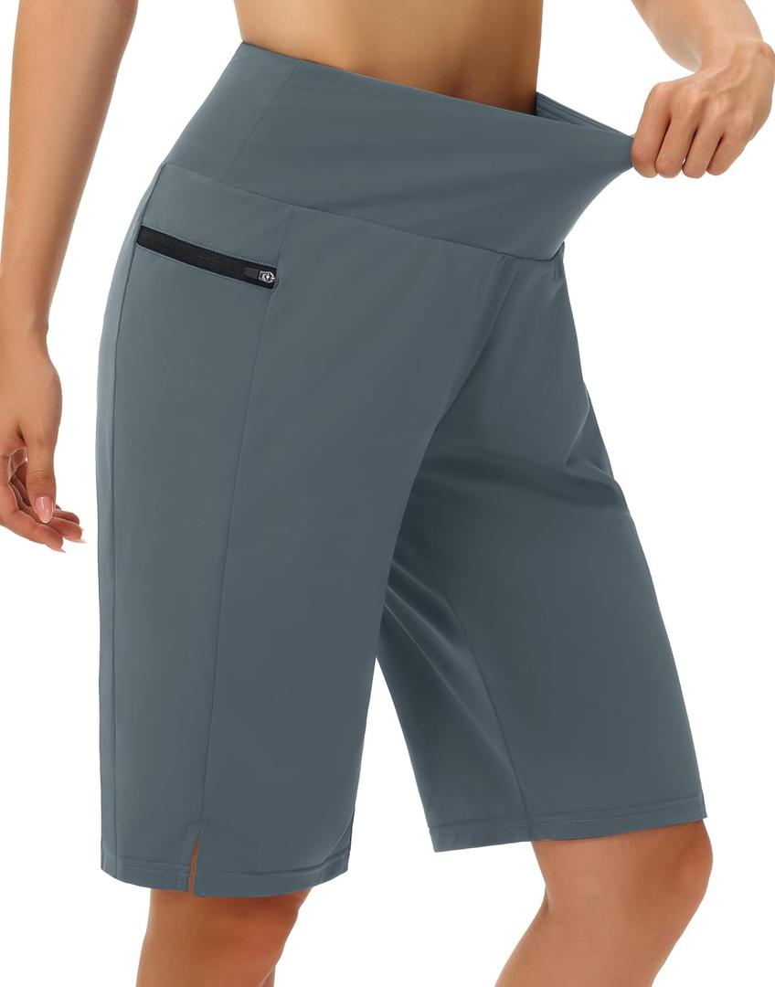 Women's 11" Long Swim Board Shorts - High Waisted Quick Dry Beach Swimming Shorts with Zipper Pocket Liner UPF50+ (Gray, XXXL)