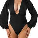 Weigou Women Jumpsuits Long Sleeve V Neck Pleated Loose Bodysuits Tops For Women Leotard Shirts (Medium, Black(1)