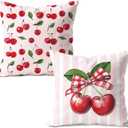 Preppy Pink Cherry Pillow Cover 18x18, Cherry Room Decor, Coquette Plaid Bow Cute Cherries Fruit Decorative Pillow Covers for Girls Bedroom Dorm Apartment Home, Set of 2
