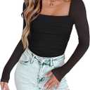 PINKMSTYLE Womens Square Neck Mesh Long Sleeve Bodysuit Shapewear Corset Tops Sexy Concert Outfits Party Shirts