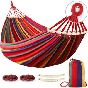MOSFiATA Hammocks Portable Camping Hammock Upgraded 550lb Comfortable Fabric Hammock with Two Anti Roll Balance Beam and Sturdy Tree Straps for Camping, Patio, Backyard, Outdoor Colorful Stripe