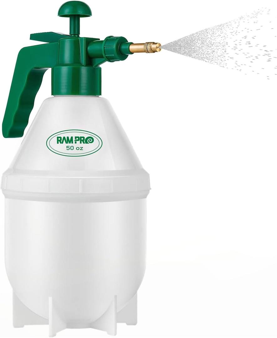 Garden Pump Sprayer, Handheld Bottle Mist Water Sprayer, Hand Pressure Home Cleaning Plant Lawn Sprayer w/Safety Valve & Adjustable Bronze Nozzle, 1.5 Liter/.4 Gallon/50Ounces by Rampro (50 oz)