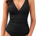 ZAFUL Women's Tankini Swimsuits V Neck Tummy Control Two Piece Bathing Suit Cross Back High Waisted Bikini Large