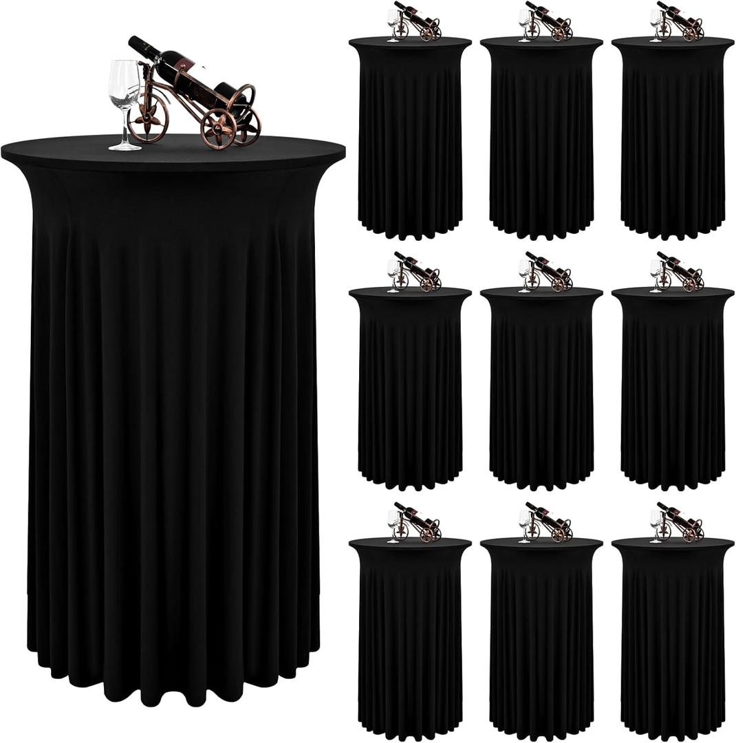 10 Packs Round Cocktail Table Skirt 24"x 43" Spandex Stretch Cocktail Tablecloth with Wavy Drapes, Black Spandex Fitted High Top Table Covers for Wedding Bar Party Birthday Banquet Tables