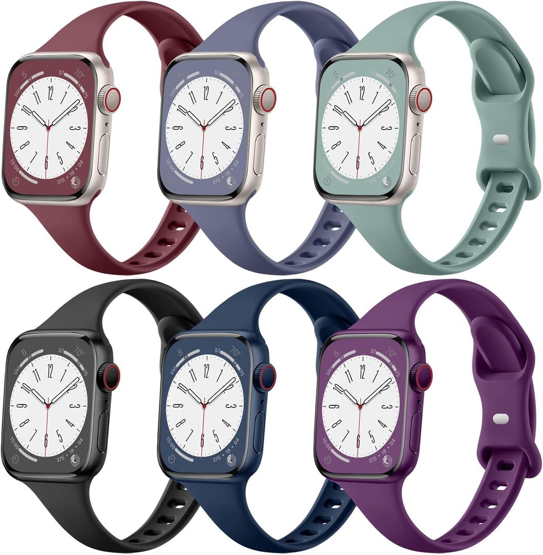 Lerobo 6 Pack Thin Slim Bands Compatible with Apple Watch 38mm 40mm 41mm 42mm 44mm 45mm 46mm 49mm for Women Men, Soft Silicone Sport Strap Wristband for iWatch Series 11 10 9 8 7 6 5 4 3 Ultra SE