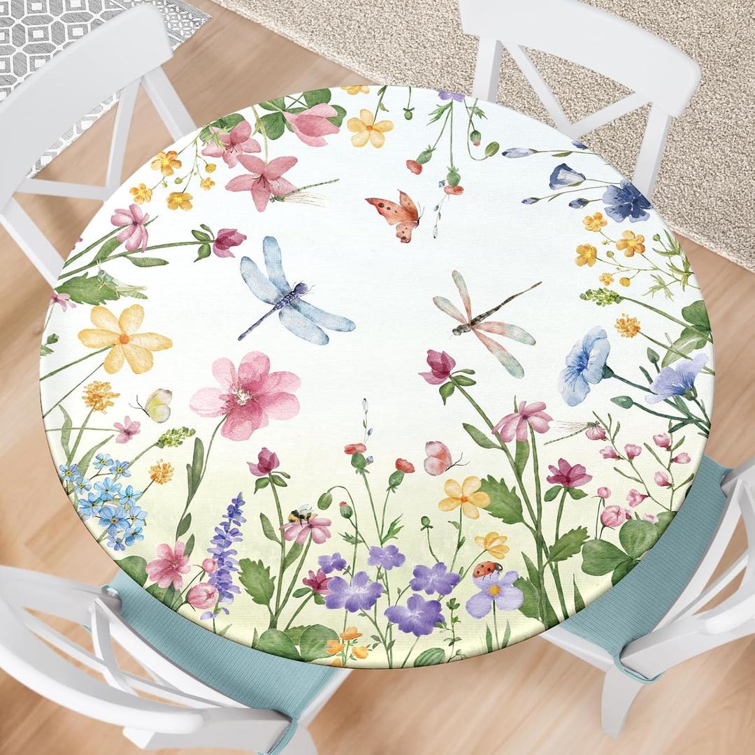 Spring Summer Floral Round Fitted Tablecloth with Elastic Waterproof Outdoor Tablecloth Wipeable Table Cover for Indoor Kitchen Home Party Fits 40-44" Diameter Round Tables
