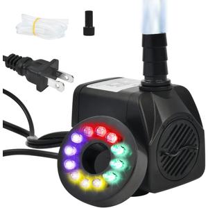 BUYGOO 10Watt 160 GPH Submersible Fountain Pump wiht LED Light Ultra Quiet Small Fountain Water Pump Outdoor for Water Feature, Outdoor Pond, Aquarium fish tanks, Home Dcor Fountain
