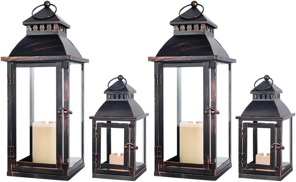 NEEDOMO Bronze Metal Lanterns Decorative Outdoor & Indoor, Set of 4 (17" & 10") with Glass, Candle Holder for Porch, Patio, Garden, Balcony, Wedding, Table Centerpiece Decorations