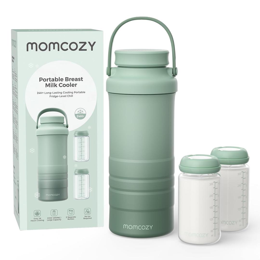 Momcozy 22oz Portable Breast Milk Cooler for Outdoor, Life Saver with 360 Total Cooling for 24 Hours, Larger Capacity Travel Breastmilk Chiller with 2Pcs Baby Bottles for Breastmilk Storage, Green