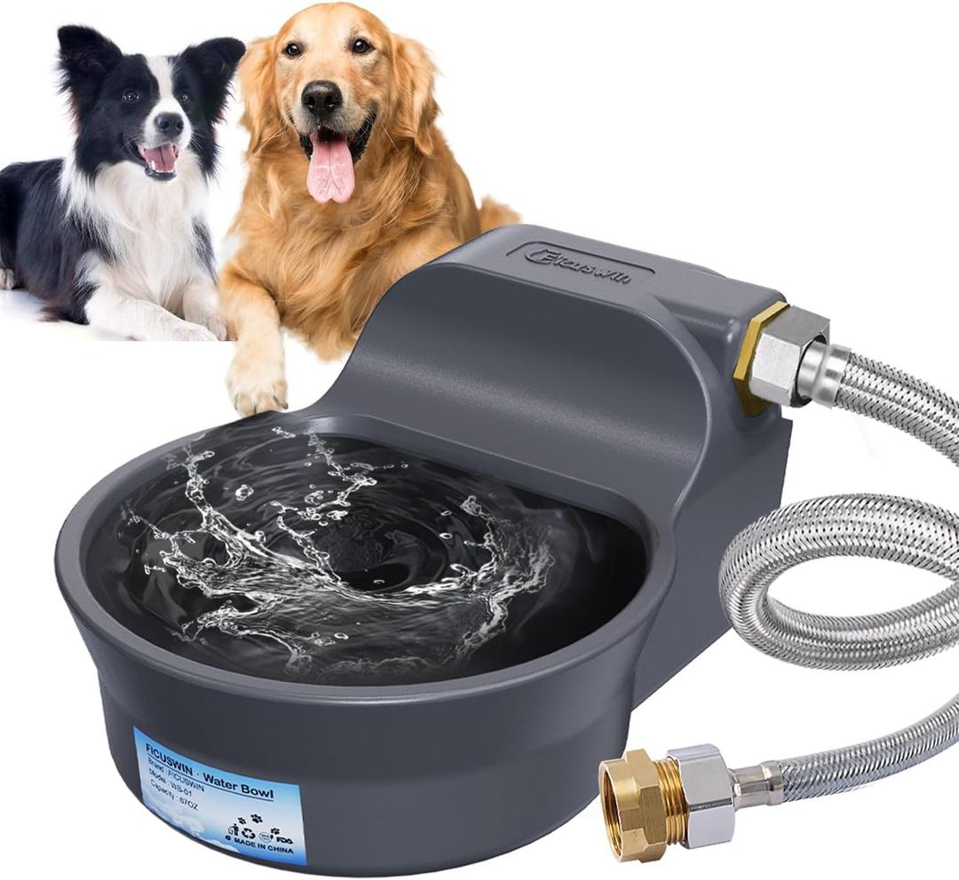 Automatic Dog Water Bowl Dispenser Patented 70OZ Water Dispenser for Dogs 2L Water Bowl Fit 3/4in GHT Male Faucet Outdoor Automatic Water Bowl Include Automatic Water Fill Valve Adapter 5ft Water Hose (Grey)