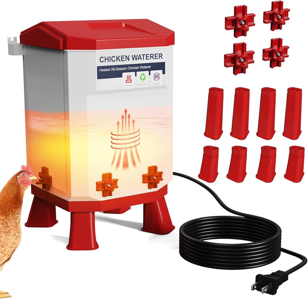 Heated Chicken Waterer 1.9 Gal, Winter, Freeze Proof Chicken Waterer, 4 Nipples for Clean WaterDetachable Legs, Adjustable Height for Chickens, Pigeons, Beaked Poultry
