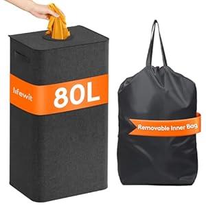 Lifewit 80L Large Laundry Hamper with Lid, Collapsible Laundry Basket with Lid and Reusable Inner Bag, Tall Dirty Clothes Hamper for Laundry Room, Bathroom, Dorm, Bedroom, Dark Gray