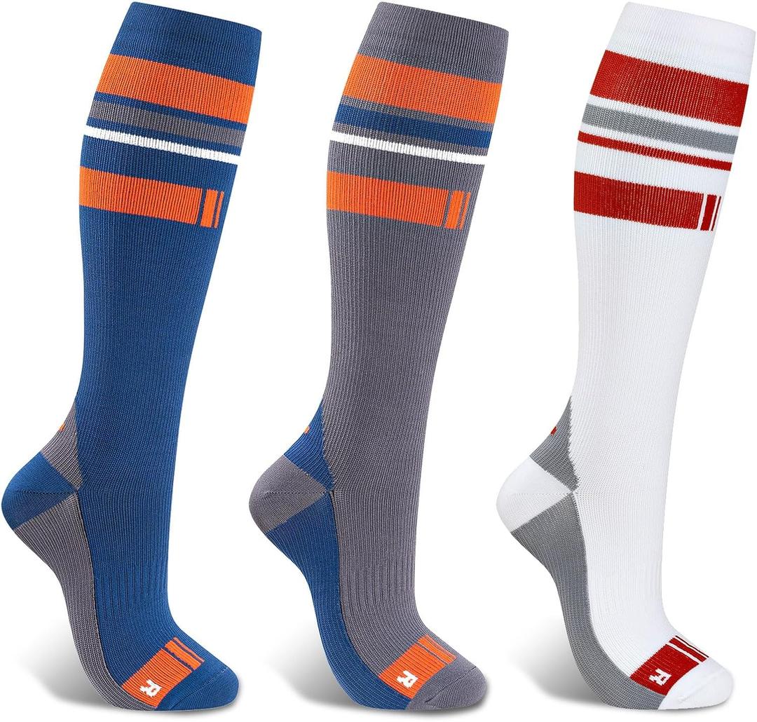 Compression Socks for Women & Men 3 Pairs 20-30mmHg Nurses,Pregnancy,Travel,Holiday (Large-X-Large, Blue+grey+white)