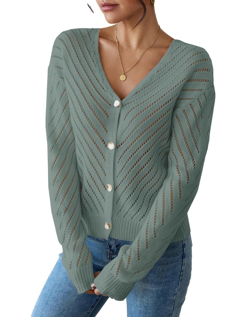 Libsorge Womens Sexy Off The Shoulder Sweater Spring Summer Fall 2025 Trendy Lightweight Ladies Dressy Casual Outfits Cute Crochet Knit Hollow Out V Neck Long Sleeve Button Cardigan Sage Green Small