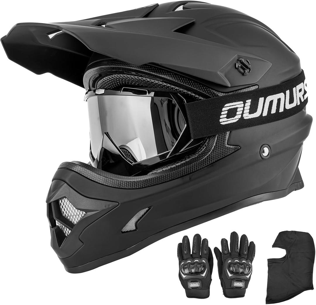 OUMURS Adult ATV Dirt Bike Helmet with Goggles Gloves & Mask Adjustable Sun Visor Motorcycle Adults Helmet Off-Road Motocross Downhill Moped MX for Unisex-Adult-Matte Black, L
