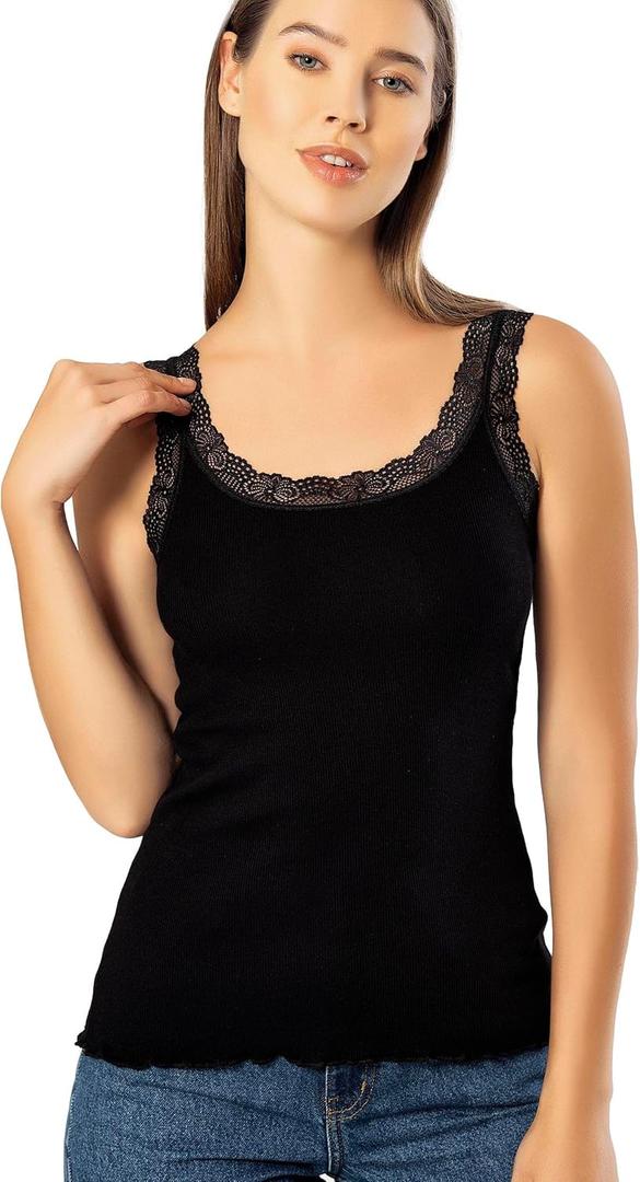 VAVONNE Lace Camisole Tank Tops for Women, Soft Stretch Ribbed Cotton Cami (3X-Large, Black)