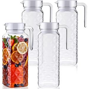 Didaey 4 Pcs Acrylic Water Pitcher with Lid, Spout Handle Clear Plastic Pitcher Heat Resistant Carafe Unbreakable Beverage Container Fridge Jug for Juice Ice Tea Sangria Lemonade(37 oz, Diamond)