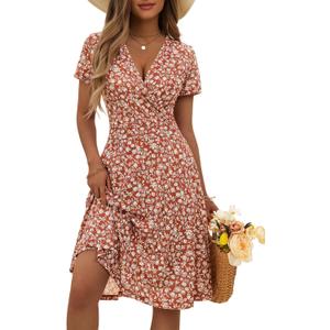 MSBASIC Womens Summer Wrap V Neck Casual Dresses Floral Short Sleeve A-Line Midi Sundress (M)
