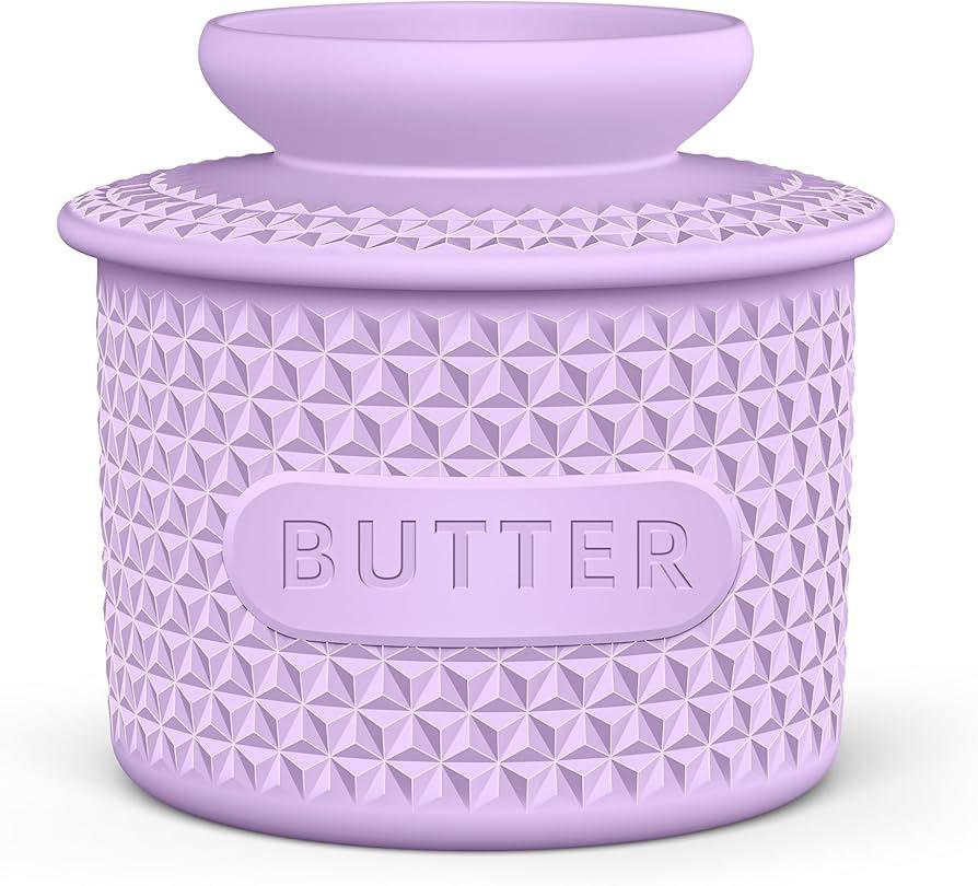 Silicone Butter Crock with Lid, French Butter Dish for Fresh Spreadable Butter, Butter Keeper to Leave On Counter, Butter Container Holder with Water Line for Kitchen and Home Decor-6oz/Purple