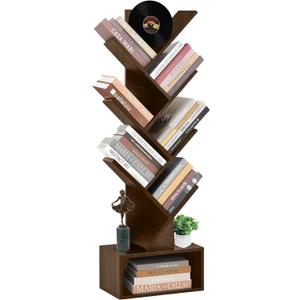 6 Tier Tree Bookshelf, Tall Narrow Wooden Bookcase with Drawer and Storage Cabinet, Freestanding Small Book Shelf Organizer for Bedroom, Living Room, Home Office, Rustic Brown Display Shelf