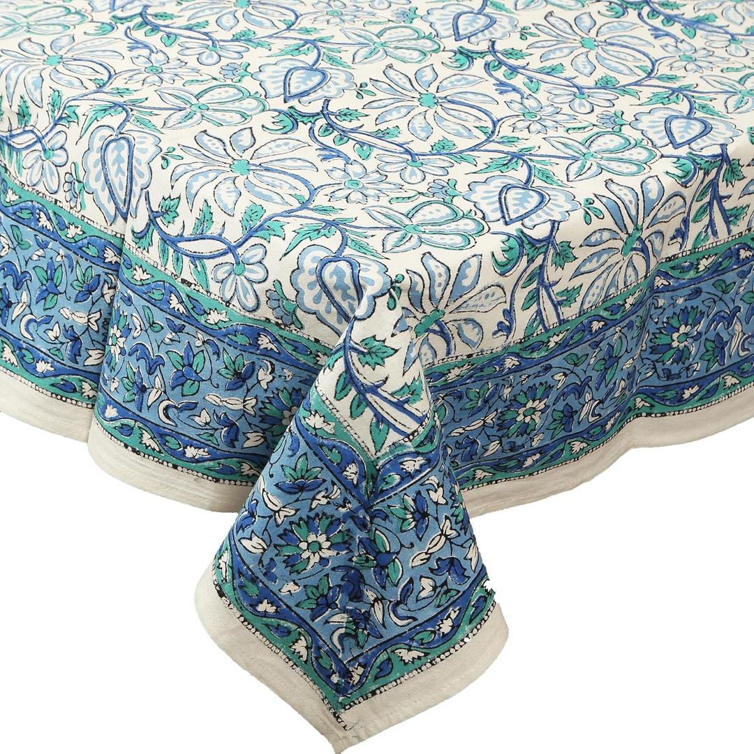 India Arts Hand Block Print Tablecloth 72x72 Square, 100% Cotton Blue Green Floral Table Cloth for Kitchen Dining Linen, Weddings, Holiday Party, Restaurant, Spring/Summer/Fall Home Decor
