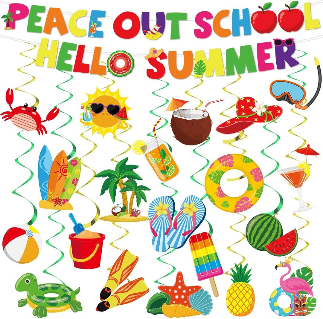 End of School Year Party Decorations Peace Out School Hello Summer Banners Schools Out for Summer Hanging Swirls Last Day of School Garland Centerpieces Set for Classroom Nursery Pool Vacation Beach
