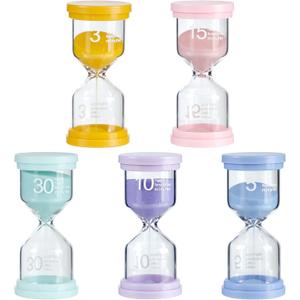 5Pcs Sand Timers for Classroom & Kids, LIOUCBD Colorful Hourglass Set, 3/5/10/15/30 Mins Visual Timer for Children Brushing Teeth, Classroom Games, Homework, Office, Cooking
