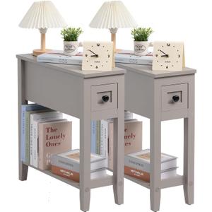 Gery 2 Pack Chairside Narrow End Table with Drawer, Solid Recliner Side Table with Storage Shelf, Slim Nightstand Bedside Table for Bedroom