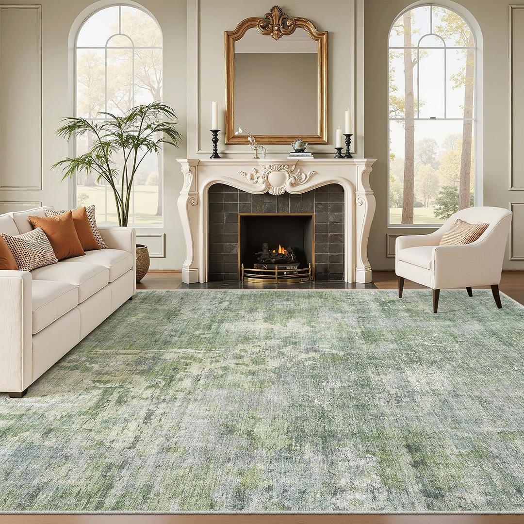 Soalmost Area Rug 10x12 Vintage Washable Living Room Large Carpet Non Slip Bedroom Indoor Office Dining Room Low Pile Thin Rug Green/Ivory