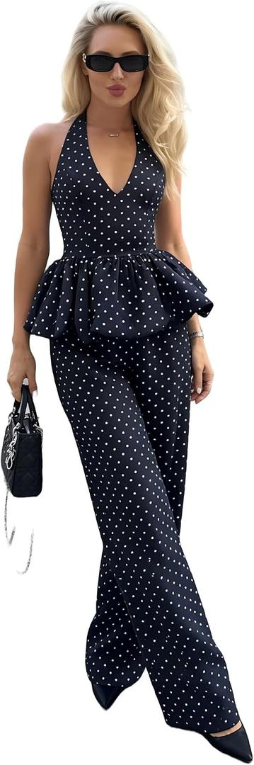 Two Piece Skirt Set for Women Retro Sleeveless Halter Top Long Trousers Polka Dot Matching Summer Outfit Casual (Blue, XS)