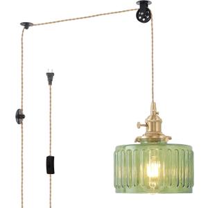 Shenmoyl Plug in Pendant Light Hanging Light Fixture Corded On/Off Switch Brass Pendant Light with Green Striped Glass Lampshade for Bedroom Living Room Kitchen Island (Plugin 1 pack (Pulley))