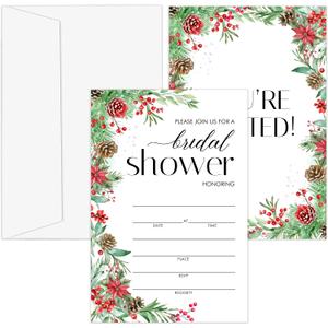 Bridal Shower Invitations, 25 Winter Wreath Invites with Envelopes for Bridal Shower Reception Engagement Party, Christmas Holiday Wedding Party Cards - C06