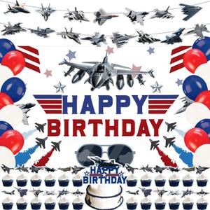 59 Pcs Fighter Jet Birthday Party Supplies, Air Force Themed Party Decoration Aircraft Airplane Backdrop Balloons Cake Cupcake Topper for Fighter Pilot Themed Birthday Party Decor