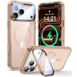 VOFATA [Upgraded Full Camera Protection] for iPhone 17 Pro Case with Camera Cover Stand [Fit for MagSafe][10FT Mil-Grade Protection] Transparent Magnetic iPhone 17 Pro Phone Case, Clear Gold