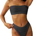 High Waisted Bandeau Bikini Set - Women Strapless Two Piece Swimsuits Ribbed Longline Full Coverage Bathing Suits Swimwear, Size -L